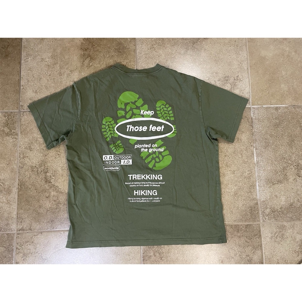 H&M Relaxed Fit Pocket T-Shirt Mens Sz L Green Trekking Hiking Short Sleeve